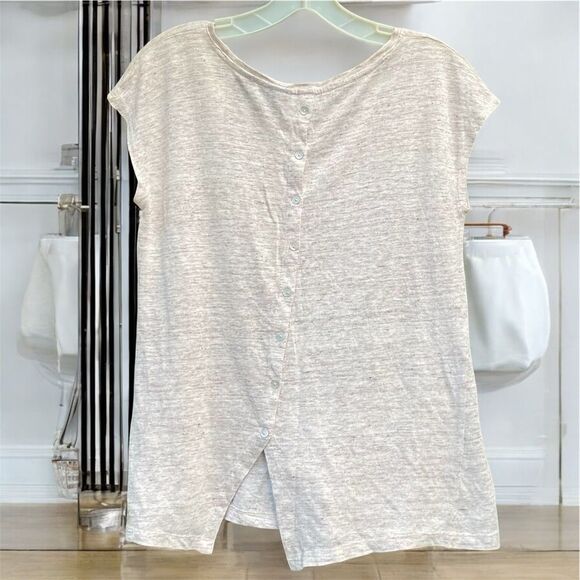 Tahari Beige 100% Linen Scoop Neck Button Back Short Sleeve Top SM Cottagecore - Picture 2 of 6